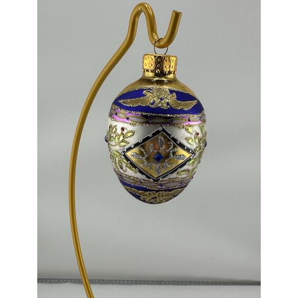 Unique Treasures Hand Blown Glass Egg Ornament w/ Blue and Gold Accents Crystals - Picture 2 of 9